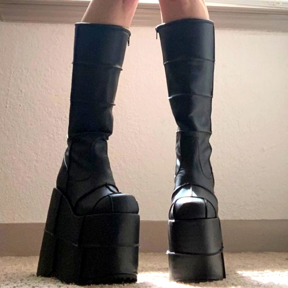 Demonia STACK-301 Black Vegan Patched Leather 7" Platform